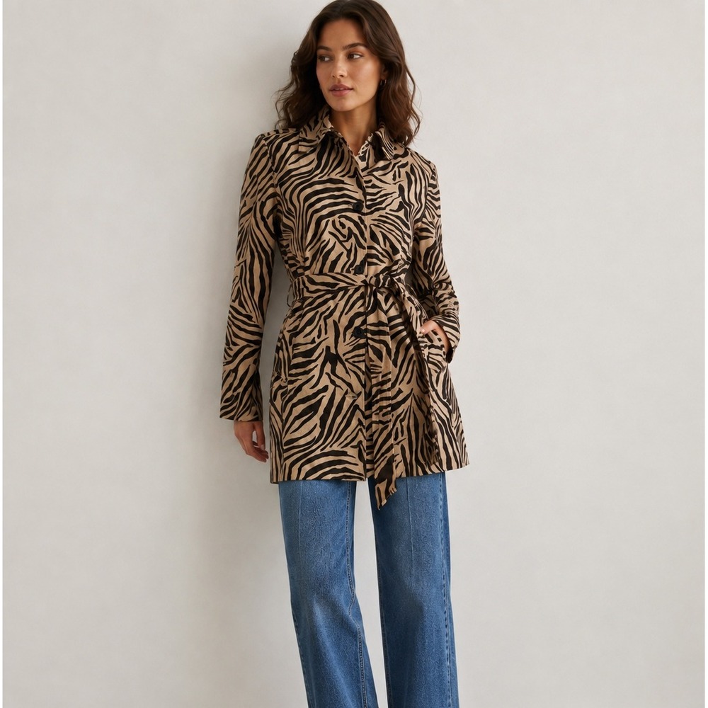 Chaps Zebra Print Trench Coat Tan Brown Animal Belted Cotton Jacket Womens Small